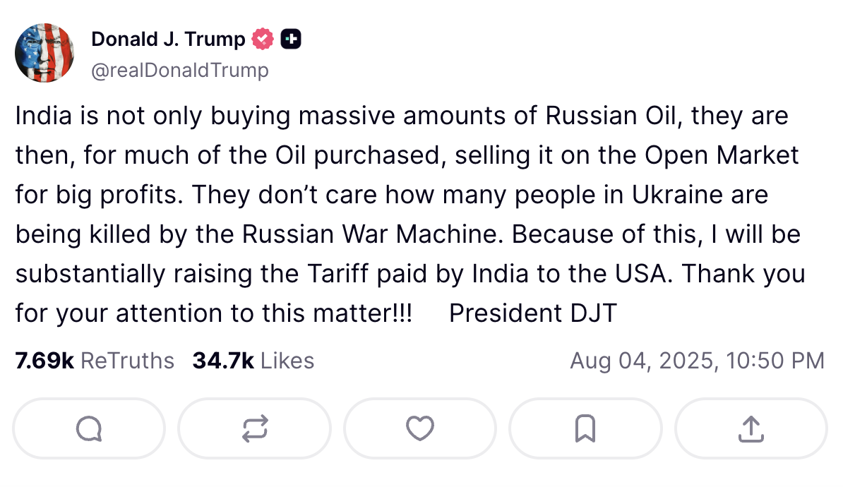 trump india russian oil truth social post